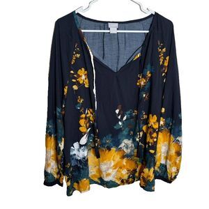 Chico's Blouse Women's 3 V-Neck Floral Long Sleeve Boho Tie Top Casual Shirt